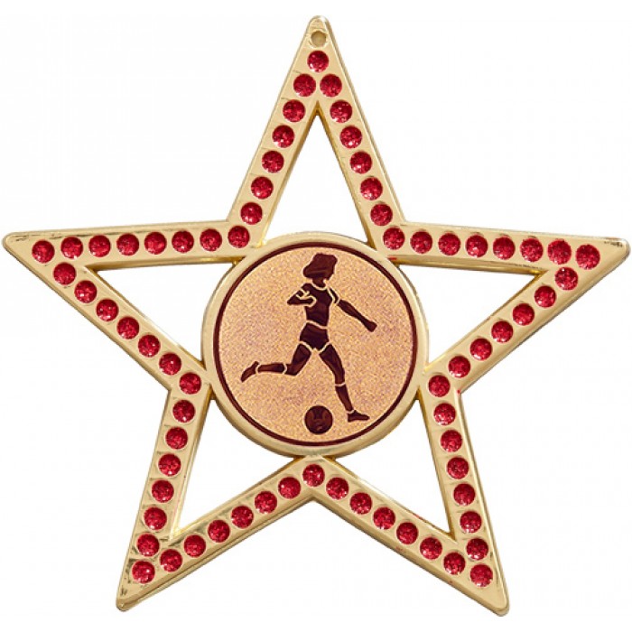 75MM FEMALE FOOTBALL STAR MEDAL - RED- GOLD